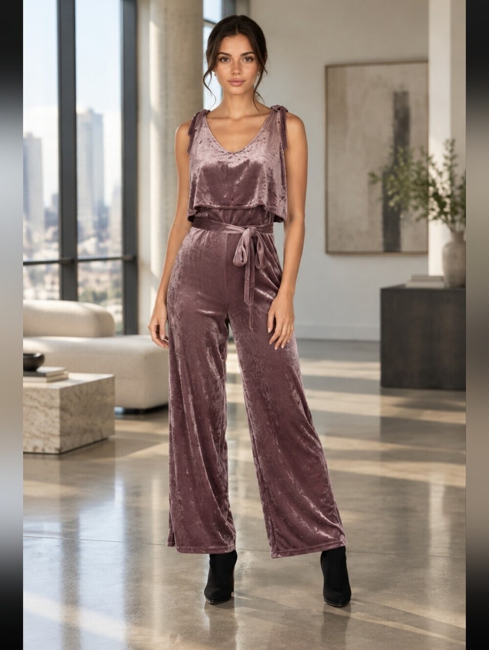 Very J Wide Leg Shoulder Tie Tan / Taupe Crushed Velvet Belted Jumpsuit Sz Small